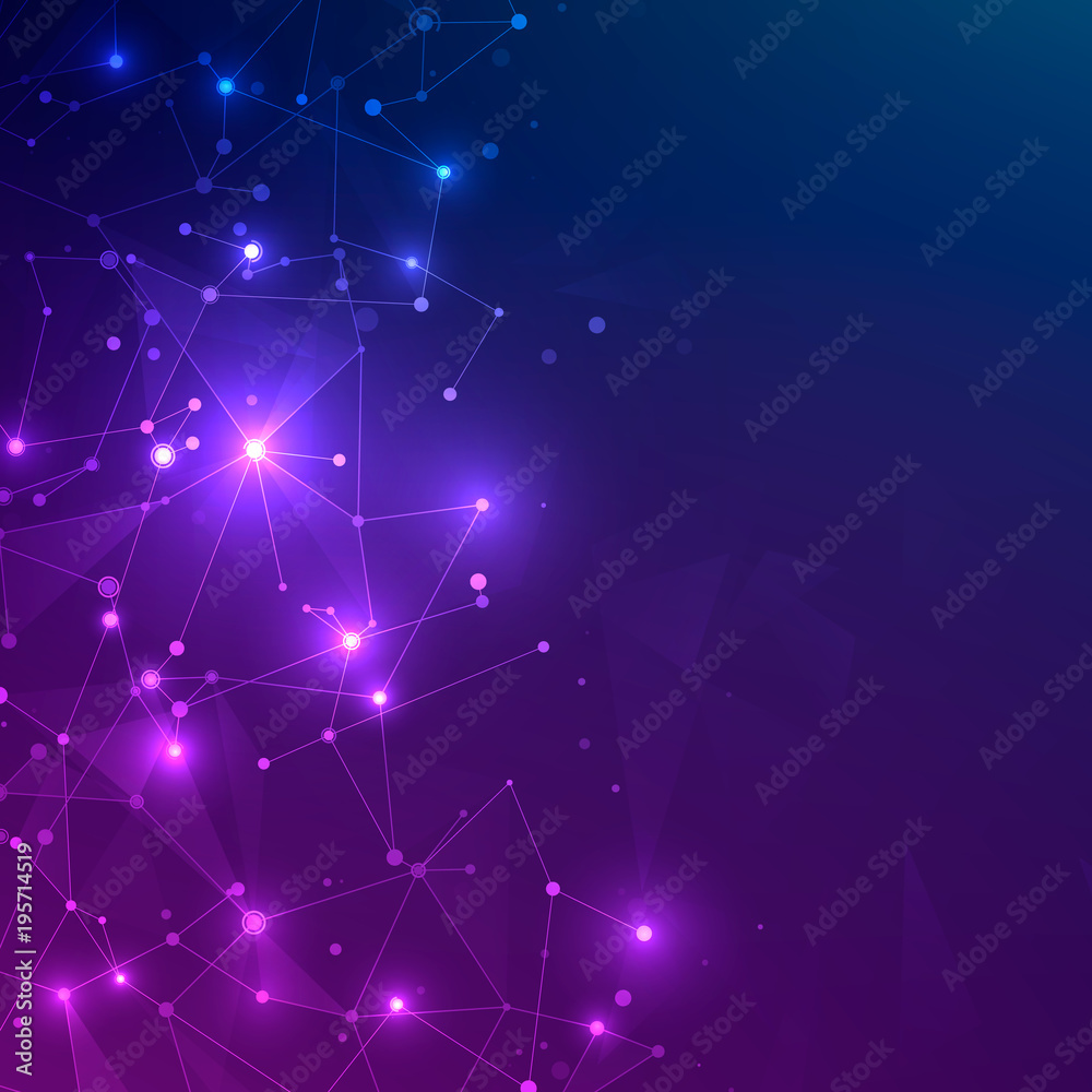 Poster technology mesh with polygonal shapes on dark blue and purple background. design digital technology 