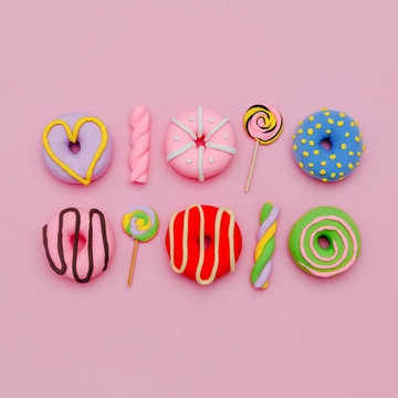 Fashion Sweet and Donuts. Pink Candy Minimal Flatlay art.
