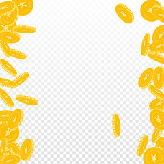 Chinese yuan coins falling. Scattered big CNY coins on transparent background. Splendid messy border vector illustration. Jackpot or success concept.