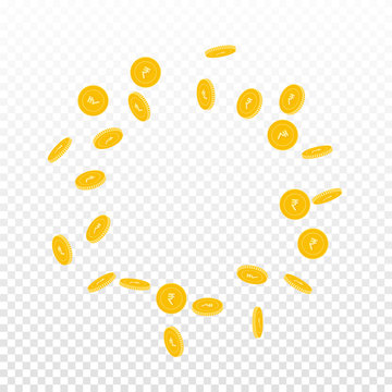 Indian rupee coins falling. Scattered sparse INR coins on transparent background. Gorgeous round scattered frame vector illustration. Jackpot or success concept.