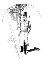 Naklejka premium Fashionable gentleman with monocle and moustache takes a walk in town, vintage caricature