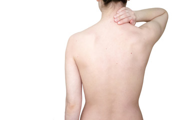 Naklejka premium A back of a woman on a white background. Diseases of the spine and neck