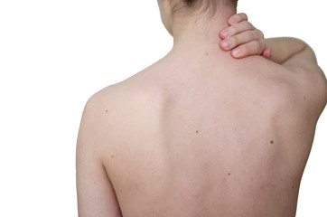 Naklejka premium The hand holds on to the aching neck. Back on a white background