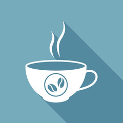 cup of hot coffee icon. White flat icon with long shadow on background