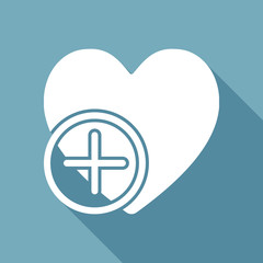 heart and plus. simple silhouette. White flat icon with long shadow on background