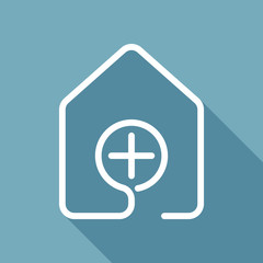 house with medical cross icon. line style. White flat icon with long shadow on background