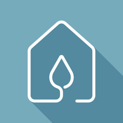 house with water drop icon. line style. White flat icon with long shadow on background