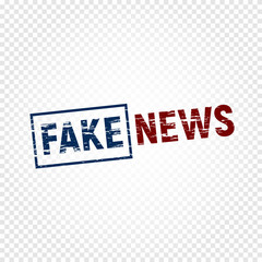 Fake news press. Disapproved news stamp with scrapes, emblem template on transparent background, false broadcast vector illustration.