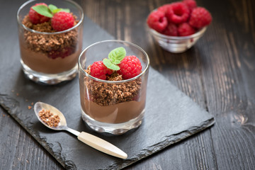 Chocolate dessert with raspberries