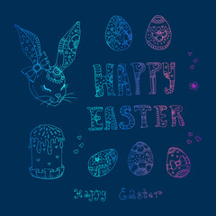 Vector hand drawn multicolored greeting card with Happy easter ornaments symbols: easter cake, easter bunny, egg, inscription, heart, flower. Patterned set for Easter holiday.