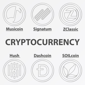 Set of 6 crypto currency lineart icon. Linear musicoin, signatum, zclassic, hush, dashcoin and soilcoin coin