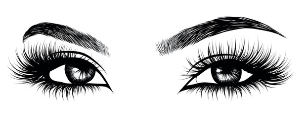 Fototapeta Illustration of woman's sexy luxurious eye with perfectly shaped eyebrows and full lashes. Hand-drawn Idea for business visit card, typography vector. Perfect salon look. obraz