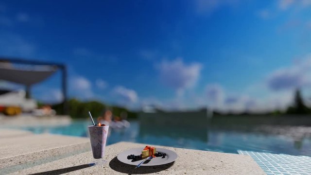 Villa with infinity pool and people relaxing, focus on breakfast, tilt, 4K