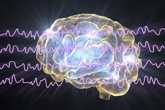 EEG Electroencephalogram, brain wave in awake state during rest, 3D illustration
