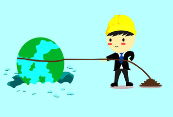 environmental engineer tries to pull the earth out of hole, Ecology concept,save world,Cartoon style, World environment and sustainable development,Vector