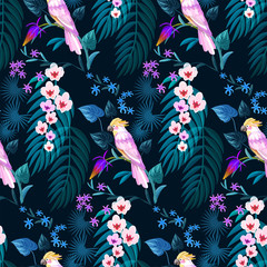 Tropical seamless pattern with cockatoo parrots.
