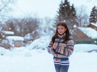 Fototapeta na wymiar A beautiful young girl stands on the background of a winter countryside landscape