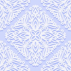 Seamless pattern with vintage ornaments with curls. White floral pattern on a blue background.