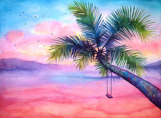 Watercolor dramatic tropical sunset landscape with palm and swing, vivid tropical background