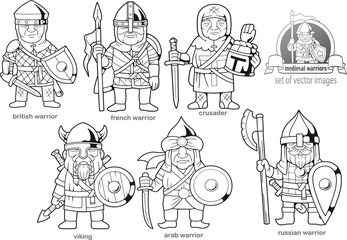cartoon funny medieval warriors, set of images