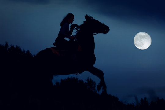 Way to top, leadership concept. Rearing up wild stallion with famale rider under fantasy full moon. Magic atmosphere halloween background with horseback woman.