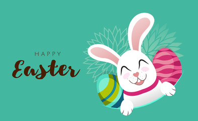 Vector Greeting card banner with white Easter rabbit and colored eggs. Funny bunny with easter egg in flat style. Easter Bunny. Egg hunt. Happy easter lettering card cute character for children