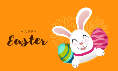 Vector Greeting card banner with white Easter rabbit and colored eggs. Funny bunny with easter egg in flat style. Easter Bunny. Egg hunt. Happy easter lettering card cute character for children
