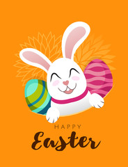 Vector Greeting banner with white Easter rabbit with long ears and colored eggs isolated in orange background. Funny bunny with easter egg cartoon. Easter Bunny. Egg hunt. Happy easter lettering 
