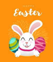 Vector Greeting card banner with white Easter rabbit and colored eggs. Funny bunny with easter egg in flat style. Easter Bunny. Egg hunt. Happy easter lettering card cute character for children