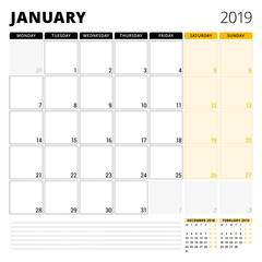 Calendar planner for January 2019. Stationery design template. Week starts on Monday. 3 months on the page. Vector illustration