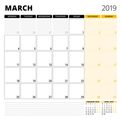 Calendar planner for March 2019. Stationery design template. Week starts on Monday. 3 months on the page. Vector illustration