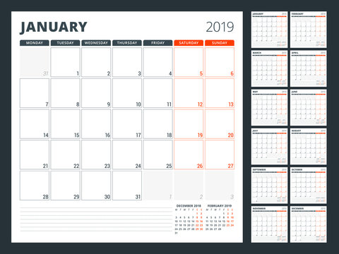 Calendar planner for 2019 year. Stationery design template. Week starts on Monday. Set of 12 months. Vector illustration