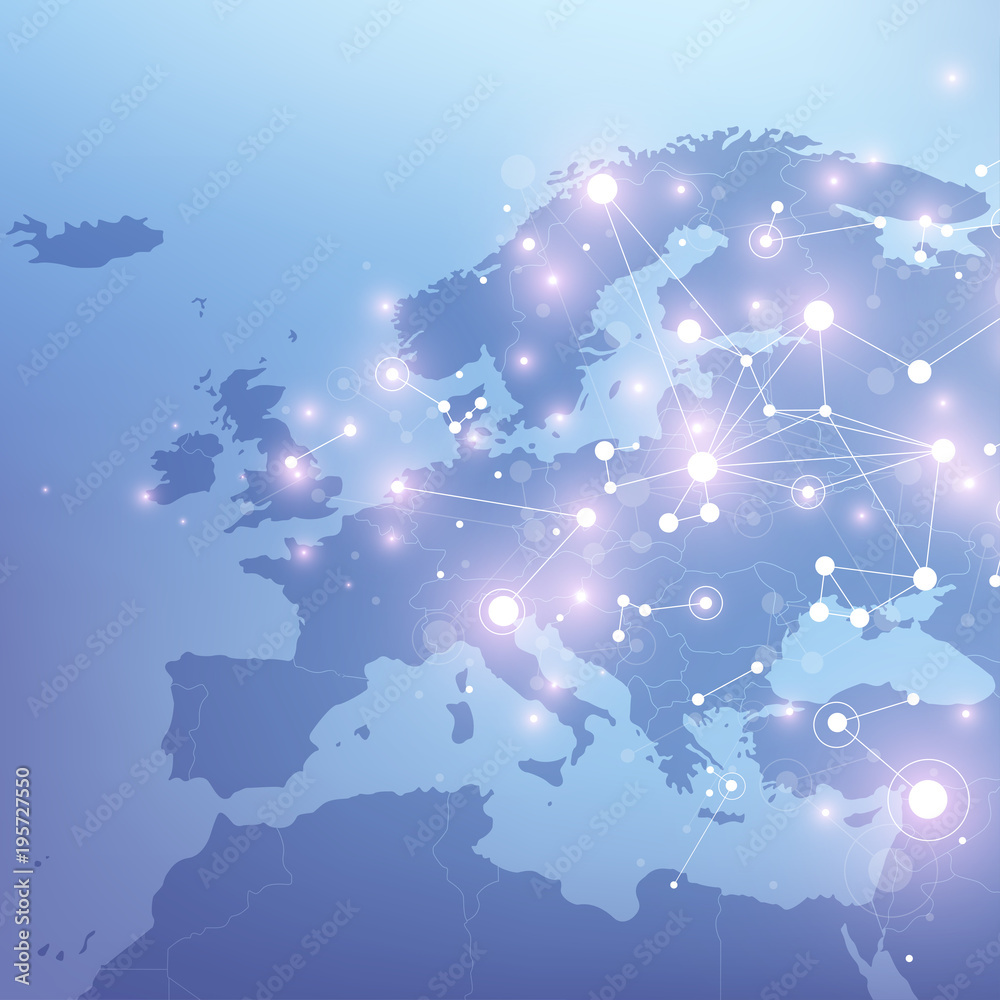Aufkleber Geometric graphic background communication with Europe Map. Big data complex with compounds. Perspective backdrop. Minimal array. Digital data visualization. Scientific cybernetic illustration.