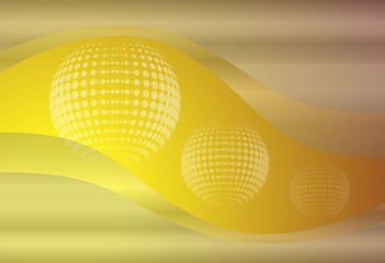 Abstract background 3D, yellow with transparent waves and dots spheres,