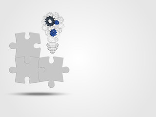 Pieces of jigsaw with the gear lightbulb  represent thinking of new idea and innovation. Technology Background. Abstract background made from puzzle pieces. Concept of engineering and innovation. 