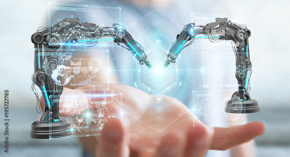Poster businessman using robotics arms with digital screen 3d rendering