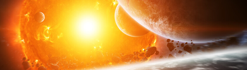 Fototapeta premium Exploding sun in space close to planet 3D rendering elements of this image furnished by NASA