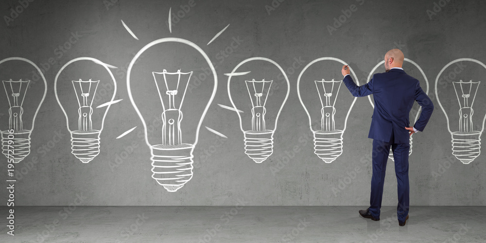 Poster businessman drawing a lightbulb on a wall 3d rendering