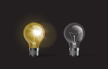 Vector light bulbs, glowing and off.