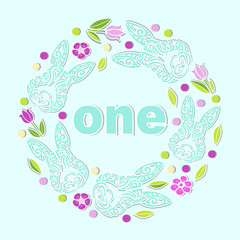 Vector illustration One with Bunny head, flower wreath. Template for Baby Birthday, party invitation, greeting card, t-shirt design. Cute One as First year anniversary logo, patch, sticker.