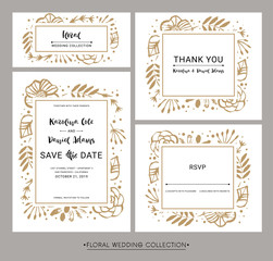 Save the Date. Wedding invitation calligraphy floral cards with catchwords. Modern lettering. Hand drawn design elements. Vector illustration.