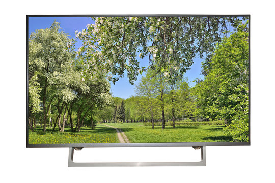Modern high-definition TV or monitor with spring landscape on screen