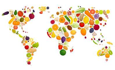 Map of the world laid out of vegetables and fruits. Food in the form of continents. Vector illustration.