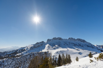 summit of mountain kampenwand on a sunny winter day, bavaria,