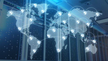 Server room which connected to the global cloud data,3d rendering.