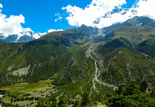 Bright blue skys with a snow covered mountain above an alpine valley