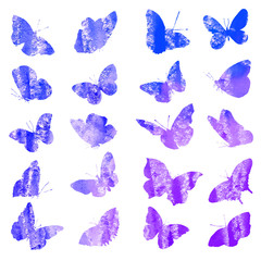 Collection of watercolor silhouettes of a butterfly in blue and