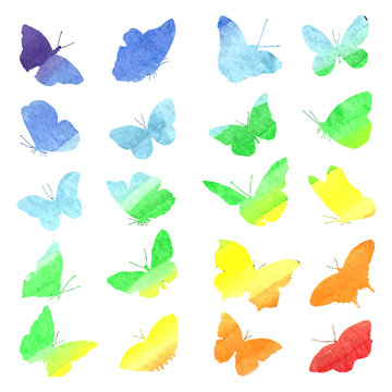 Watercolor collection of silhouettes of butterflies painted in d