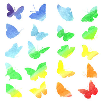 Watercolor collection of silhouettes of butterflies painted in r
