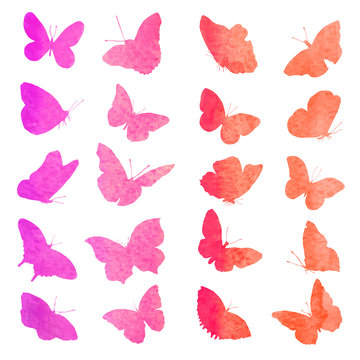 Collection of watercolor silhouettes of a butterfly in pink tone